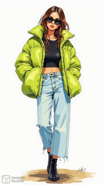 Яркий образ в зеленом пуховике: мода и стиль городской улицы. Изображение из нейронной сети Flux.1