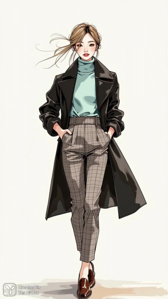 Элегантный силуэт: мода в черном тренче и пастельных тонах. Генерация из нейросети Flux.1