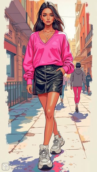 Неоновый стиль: смелый образ городской модницы в ярком свитшоте и кожаной юбке. Изображение из нейросети Flux Ai