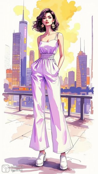 Модный силуэт в нежной лиловый комбинации на фоне городского пейзажа. Картинка из нейронной сети Flux 1
