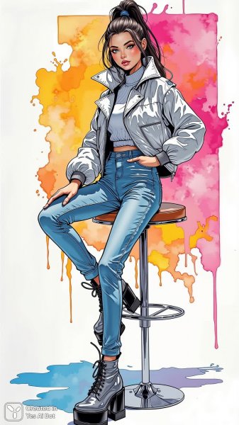 Неоновая мода: эффектный образ в серебристой куртке и стильных джинсах. Нейронная сеть Flux