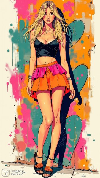 Яркий образ в неоновых тонах и модной мини-юбке с оборками на фоне граффити. Нейронная сеть Flux Ai