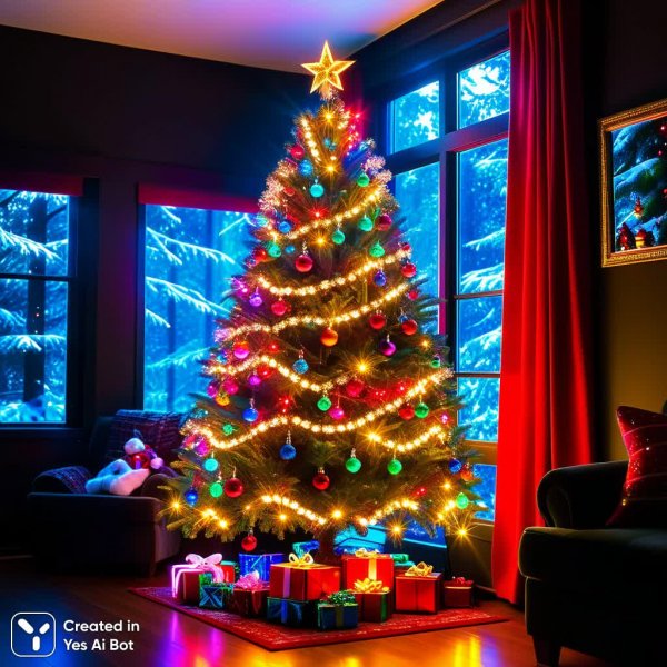 Новогодняя ёлка: от леса до домашнего уюта и праздничного сияния. Картинка из нейронной сети Stable Diffusion