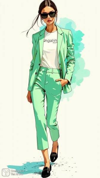 Яркий стиль и мода: неоновый образ в мятном костюме. Картинка из нейронной сети Flux.1