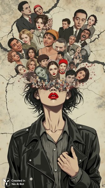 Красные губы на фоне хаоса и лиц. Нейронная сеть Flux 1