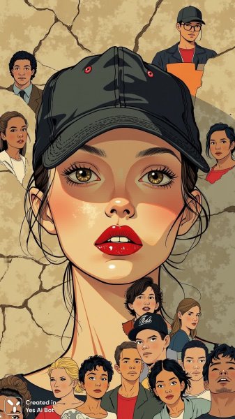 Лицо в красной помаде: разбитые отражения и бетонная стихия. Картинка из нейросети Flux