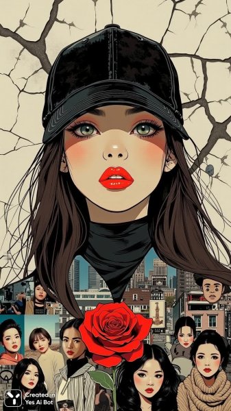 Лицо в осколках: городская драма и яркие губы на фоне трещин. Генерация из нейросети Flux.1