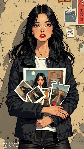 Городской образ с коллажем воспоминаний и яркой помадой. Картинка из нейронной сети Flux.1