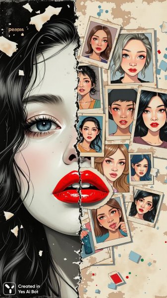 Разделенное лицо: контраст черного и красного в хаосе фотографий. Картинка из нейросети Flux