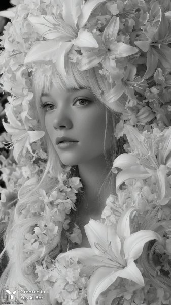 Белая нежность: воздушная монохромная картина с лилиями и девушкой. Картинка из нейросети Midjourney