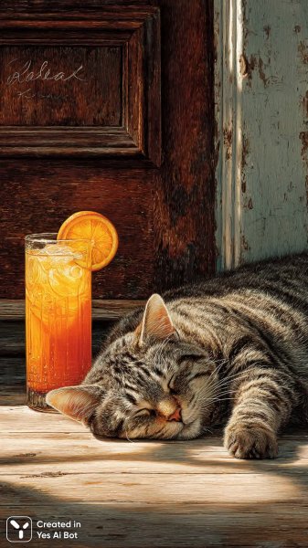 Расслабленный кот и апельсиновый коктейль на старой веранде. Изображение из нейросети Миджорни