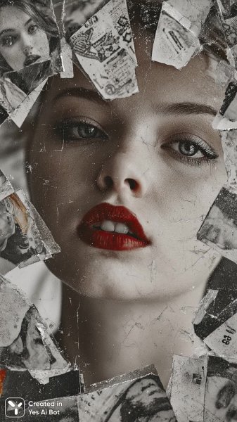 Яркий образ: девушка с красными губами и осколками воспоминаний. Изображение из нейронной сети Midjourney