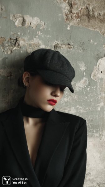 Яркий образ на фоне трещин: женщина в черном и алая помада. Изображение из нейросети Миджорни