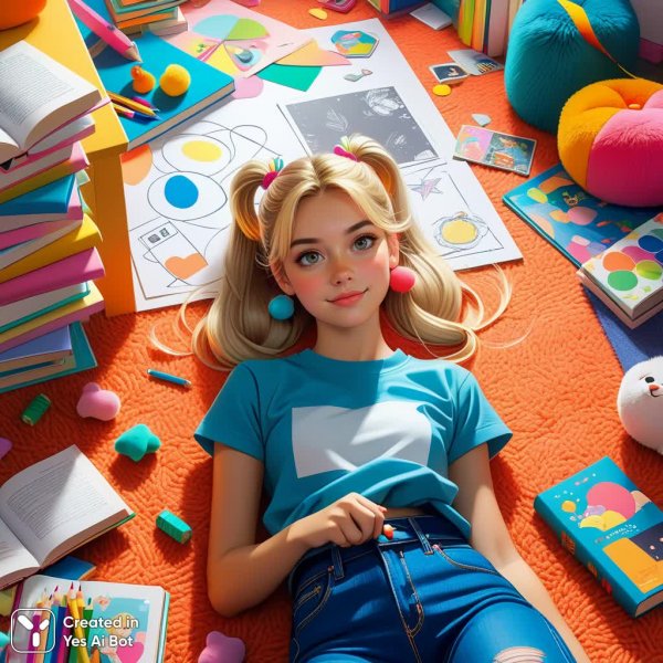 Девушка и творческий хаос на полу. Изображение из нейросети Stable Diffusion