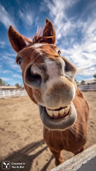 Улыбающаяся лошадь с огромными зубами и забавным выражением лица. Картинка из нейросети Midjourney