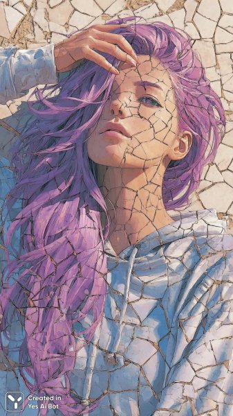 Девушка на пляже: осколки фарфора и стиль аниме в лучах солнца. Нейросеть Миджорни