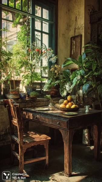 Уютное утро в стиле богемного кафе с экзотическими деталями и историческим шармом. Изображение из нейронной сети Midjourney