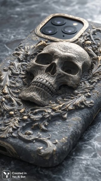 Скелет и технологии: захватывающий дизайн чехла для телефона в стиле киберпанк. Картинка из нейронной сети Midjourney