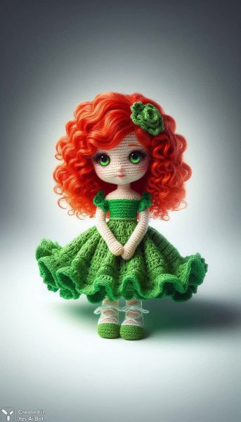 Вязаная кукла с яркими волосами и зеленым платьем: очаровательный образ. Картинка из нейронной сети Dalle