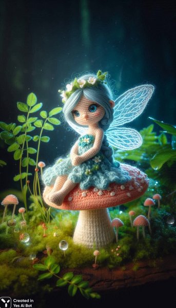 Сказочная фея из голубой пряжи на грибе. Картинка из нейронной сети Dalle 3