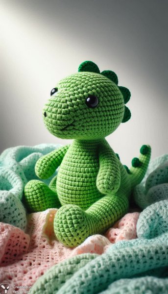 Забавный вязаный динозаврик из зелёной пряжи на мягком одеяле. Картинка из нейросети Dalle