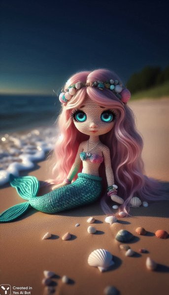 Ручная работа: очаровательная кукла русалка с розовыми волосами и морским декором. Картинка из нейронной сети Dalle