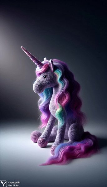 Нежный единорог ручной работы из фиолетовой пряжи. Изображение из нейросети Dalle 3