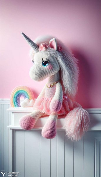 Нежный единорог из пряжи на розовой полке. Картинка из нейронной сети Dalle