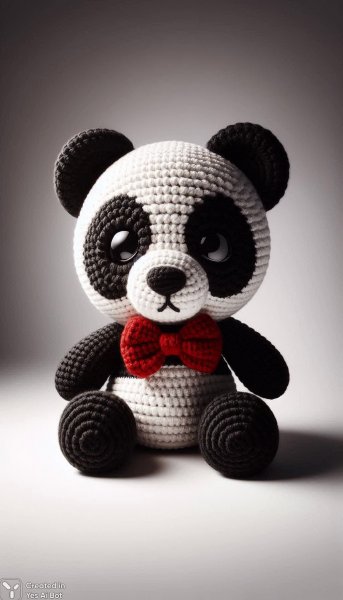 Милый вязаный панда в красном галстуке на белоснежном фоне. Изображение из нейронной сети Dalle