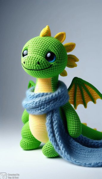 Яркий вязаный дракончик с шарфом и доброй улыбкой. Нейронная сеть Dalle-3