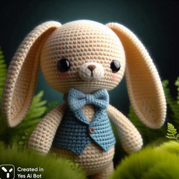 Милый вязаный зайчик в голубой жилетке и бантике на фоне зеленой травы. Изображение из нейронной сети Dalle-3