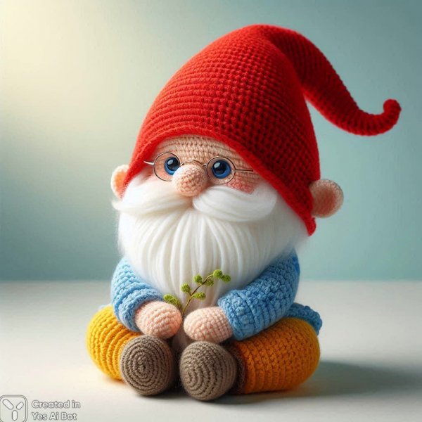Милый вязаный гном с красной шапкой и белой бородой в уютной обстановке. Нейронная сеть Далли 3