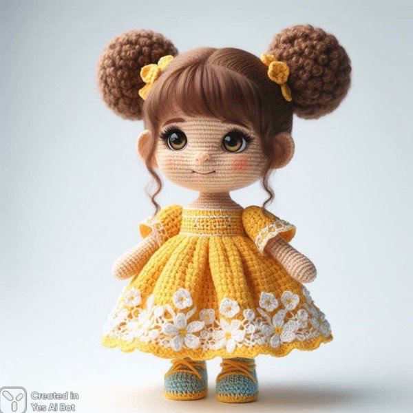 Кукла амигуруми в жёлтом платье с цветами и косичками. Генерация из нейросети Dalle 3