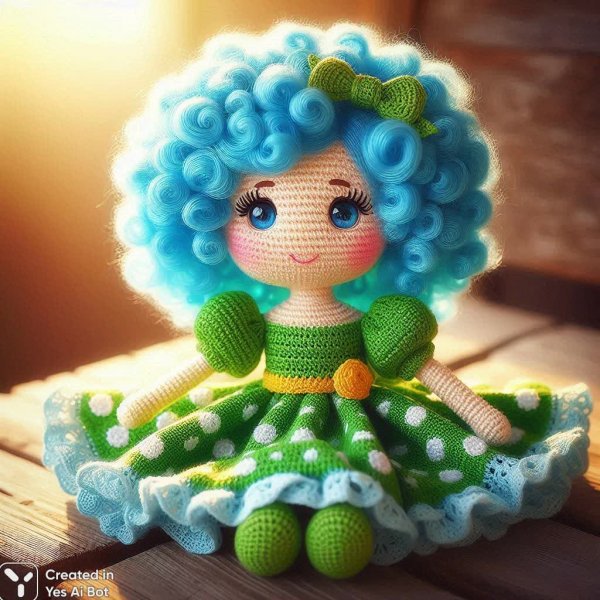 Милая вязаная кукла с голубыми волосами и игривым нарядом в горошек. Нейросеть Dalle