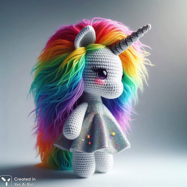 Радужный единорог: вязаная кукла в серебряном платье со звездами. Нейросеть Далли 3