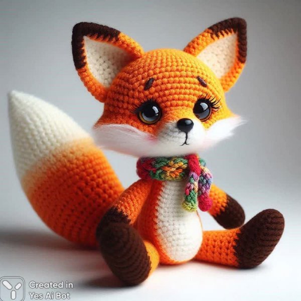 Очаровательный вязаный лис: уютная игрушка с шарфиком и яркими деталями. Изображение из нейронной сети Dalle 3