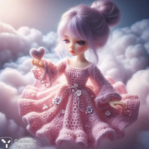 Нежная кукла ручной работы с фиолетовыми локонами и розовым платьем в облаках. Картинка из нейронной сети Dalle 3