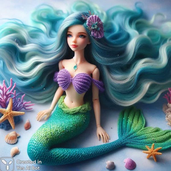 Ручная работа: очаровательная кукла русалка с бирюзовыми волосами и сверкающим хвостом. Картинка из нейросети Dalle-3