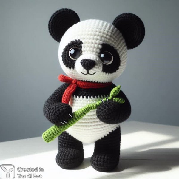 Милый вязаный панда с бамбуком и шарфом. Генерация из нейросети Dalle 3