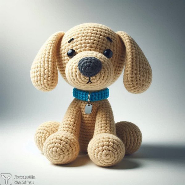 Игрушка вязаная собачка из бежевой пряжи с забавным выражением мордочки и голубой коровой. Изображение из нейронной сети Dalle