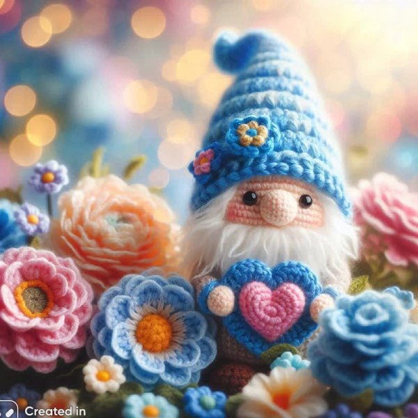 Милый вязаный гном в цветах и мягком свете. Изображение из нейронной сети Dalle-3