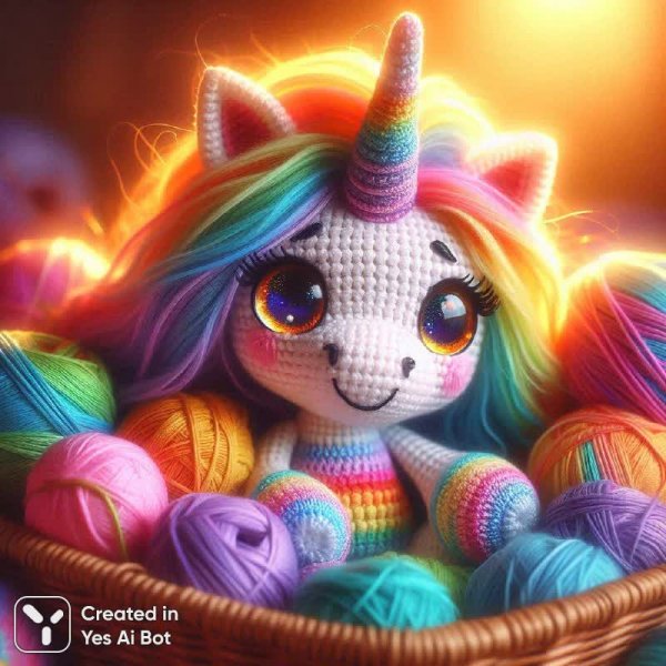 Милый единорог в корзинке с пряжей: вязаная игрушка амигуруми. Генерация из нейросети Dalle 3