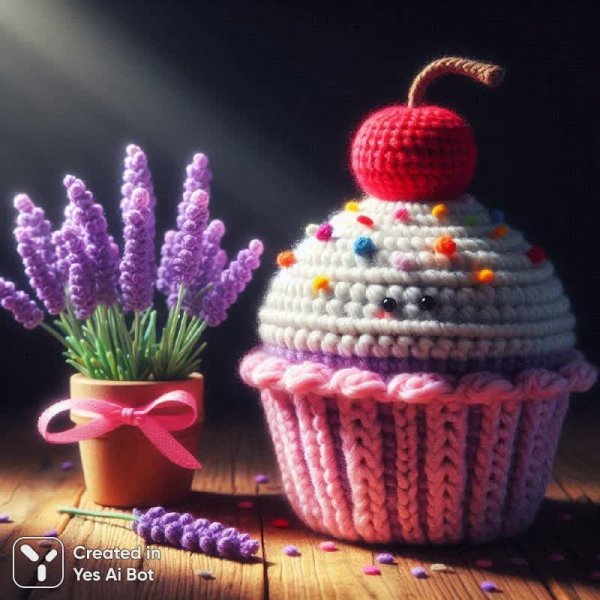 Милый вязаный кекс с вишней и посыпкой рядом с лавандой. Изображение из нейросети Dalle 3