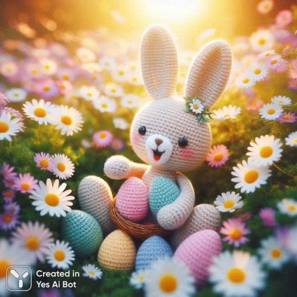 Милый амигуруми кролик в поле ромашек под лучами заката. Изображение из нейронной сети Dalle
