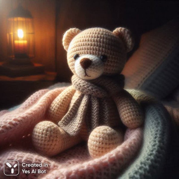 Уютный мишка амигуруми в шарфе на пастельном одеяле. Нейронная сеть Далли 3