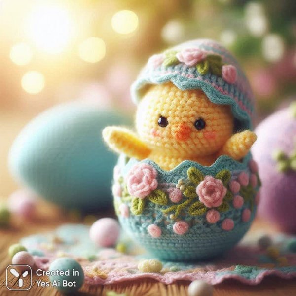 Милый вязаный цыпленок в нежном пастельном яйце с цветочными узорами. Изображение из нейросети Dalle