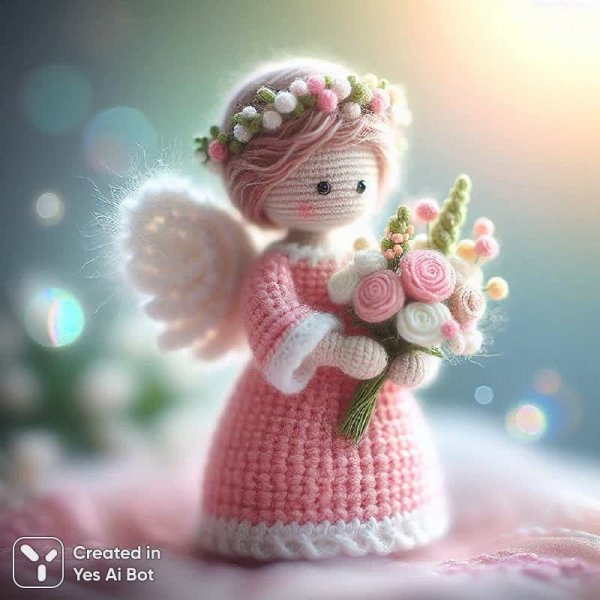 Милый ангел с цветами: нежный дизайн амигуруми в пастельных тонах. Картинка из нейронной сети Dalle