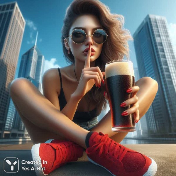Задумчивая девушка с пивом на фоне городского пейзажа и голубого неба. Генерация из нейронной сети Dalle-3