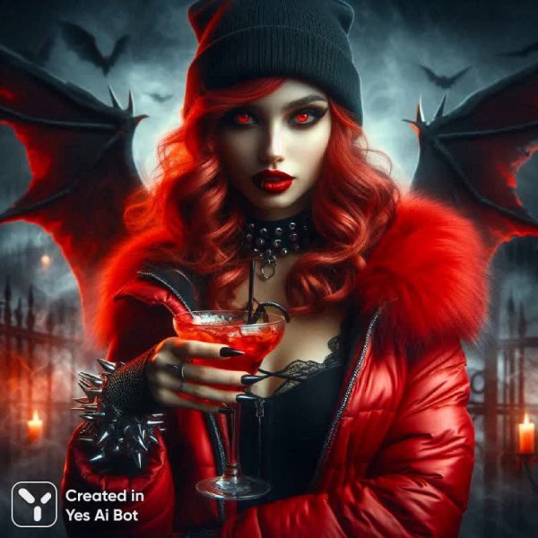 Вампирша в городе: Ночная встреча с огненной красотой и демоническим котом. Генерация из нейросети Dalle