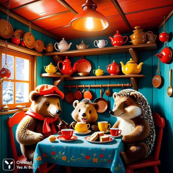 Уютный вечер с мишкой и ежиком за самоваром. Изображение из нейросети Stable Diffusion